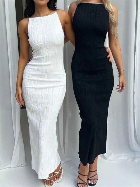 Sexy Women Long Dress Ruched Slveless Slim Solid Summer Party Back Split Dress Clubwear Female Vestido Outfits L260401