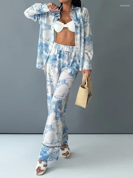 Women's Two Piece Pants Fashion Vintage Pattern Printed Outfits Lapel Collar Shirt Long Pant Suit Spring Summer Causal Sleeve Loose Sets