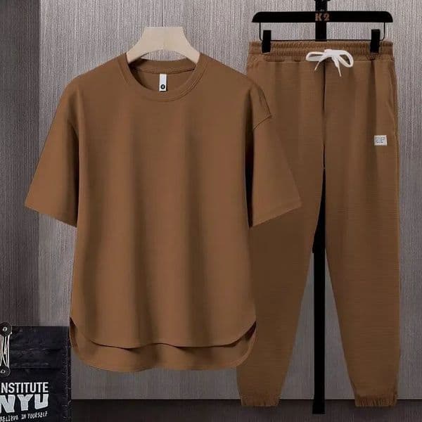 Mens Loose Solid Color 2piece Set Japanese Trendy INS Style Summer Short Sleeve Tshirt and Casual Comfy Long Pants Outfit 260401