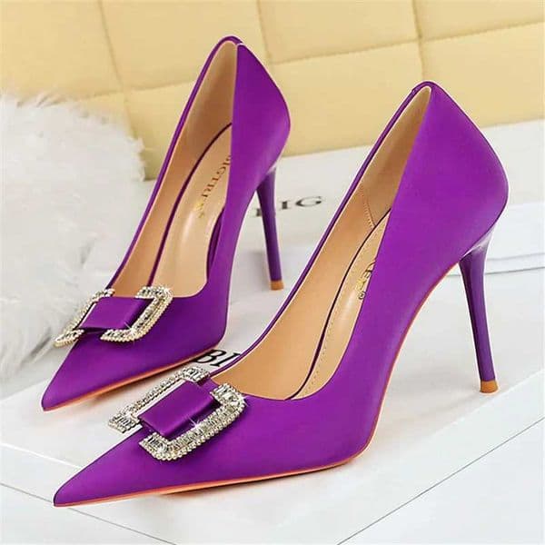 Women 11cm High Heels Satin Silk Crystal Buckle Pumps Lady Wedding Bridal Heels Escarpins Catwalk Green Purple Peach Blue Shoes X260401