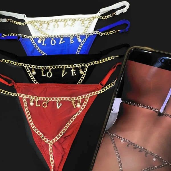 Adjustable Pendant Chain Letter Sexy Underwear for Women Temptation Nightclub Metal Pearl Thongs Unique Hollow Out Lingerie S2641
