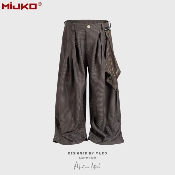 MIJKO Wide-leg Trousers Unisex Mesh Decorative Patchwork Hidden Stripe Casual Dress Pants Trendy C956