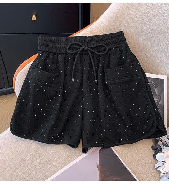 Black White Diamond Shorts For Women Spring Summer Fashion Elastic Waist Drawstring Lace-up A-line Wide Leg Short Pant 260401
