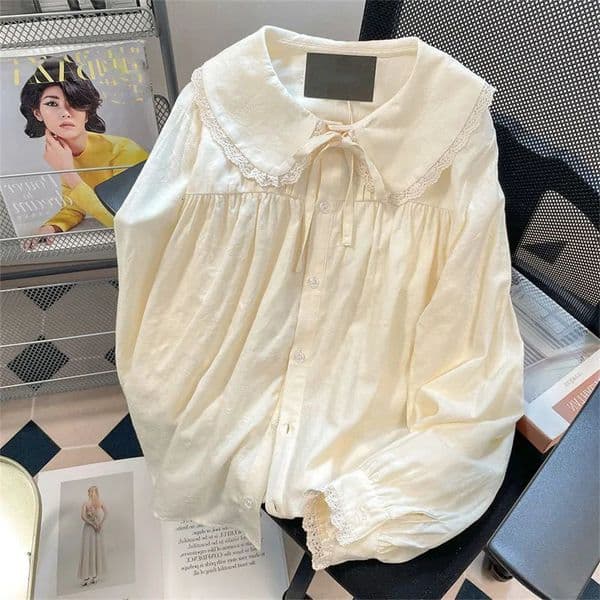 Xpabb Sweet Lace Floral Turndown Collar Shirt Woman Autumn Long Sleeve Loose Casual Blouse for Women Allmatch Buttons Shirts 260330