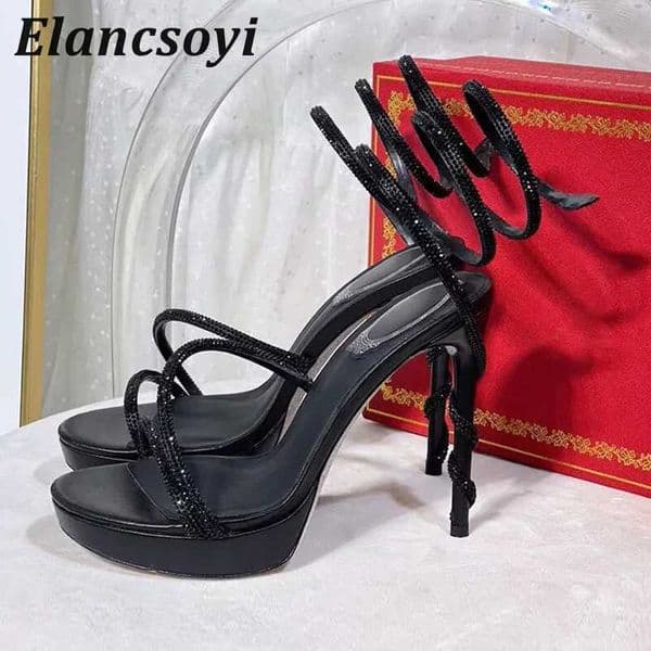 Super High Heels Platform Sandals Women Shiny Crystal Ankle Snake Shaped Winding Runway Shoes Sexy Stiletto Gladiator SandaliasZ260401