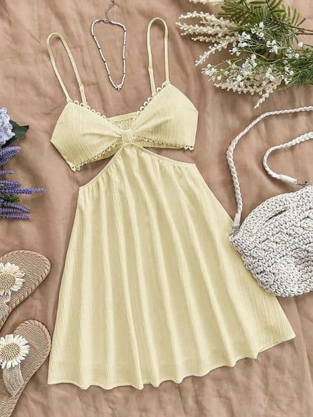 Womens Vacation White Waist Hollow V-Neck Spaghetti Strap Summer DressSummer Dresses For WomenPastel Dresses For Women 260331