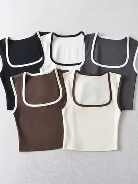 Woman Fashion Slim Solid Contrust Camis Casual Sleeveless Tanks Square Collar Crop Tops Clothing Streetwear Mujer 2024 Y2k X260401