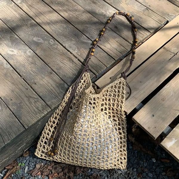 Casual Large Capacity Lafite Straw Bag Drawstring Fashion Weave Tote Bag Wood Beaded Underarm Bag Grass Woven Bag Summer 260331