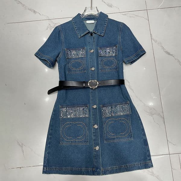 Designer Women Denim Dress Buttons Waistband Beads Luxury Vintage Skirts Summer Above Knee Casual Versatile Skirt