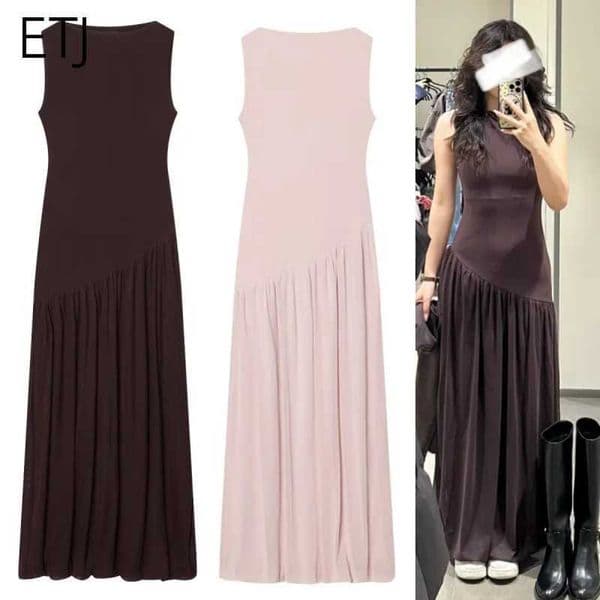 ETJ Women Brown Slveless High Neck Midi Dress Pleated Skirt Flowy Wrap Dress Minimst Elegant Office Party Wear 2026 Q260331