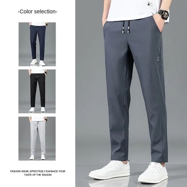 Ice Silk Mens Pants Summer Black Gray Thin Business Casual Pants Outdoor Elastic Breathable Straight Leg Sweatpants 260401