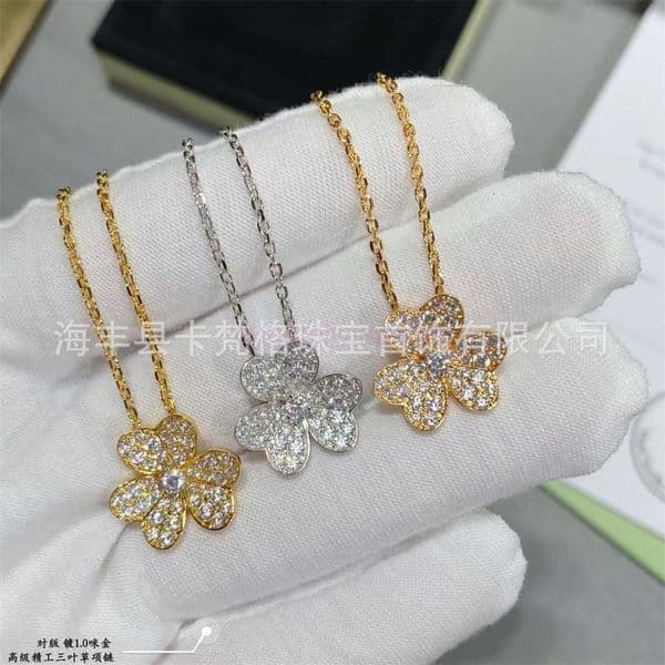 designer necklace vanly cleeff necklace V clover full diamond large necklace for women thick rose gold plated chain with flower pendant