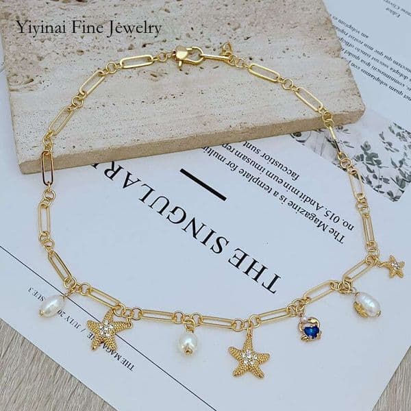New Fashionable Ocean Series Necklace Large Small Starfish Inlaid with Rhinestones, Natural Freshwater Pearls, and Bamboo Chain