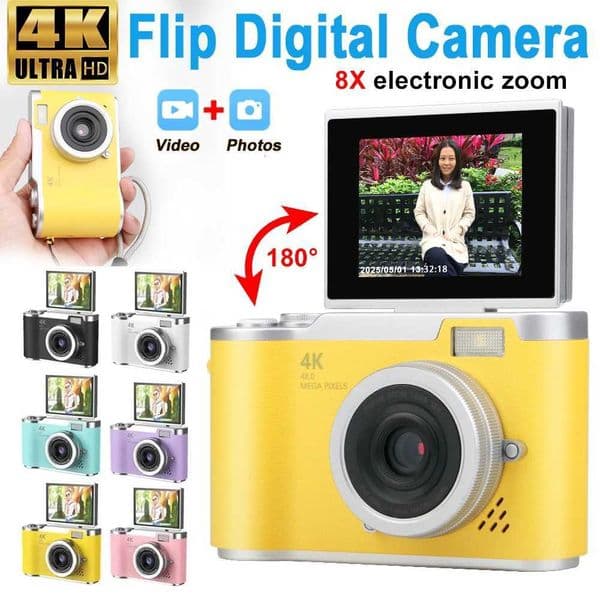 4K CCD 8X Digital Zoom Digital Camera for Student 48MP Compact Digital Photography Camera 180 Flip Screen Selfile CameraT260401