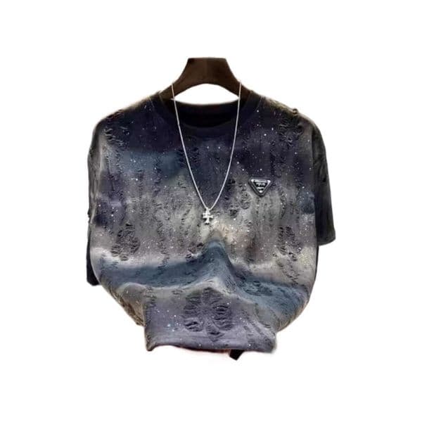 Men's Clothing T-Shirt New Men's Short Starry Sky Luxury Gradient T-Shirt Trendy Ins Round Neck Versatile Distressed Half Sleeve Top Tops