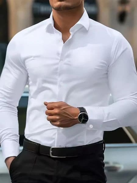 White mens Dress shirt without ironing business casual slim and black solid color fashionable highquality 260331BJ