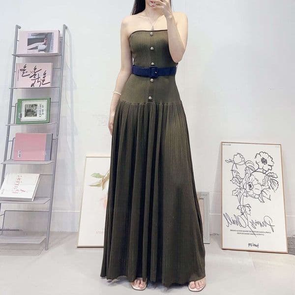 Designer high-end women's French fashion social party strapless long skirt, slim h28 fit waist belt dress