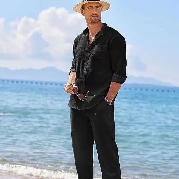 Mens Casual Cotton Linen Two Piece Sets Beach Vintage Basic Shirts and Pants Solid Color Casual Suit Male Hawai Tracksuits Set 260401