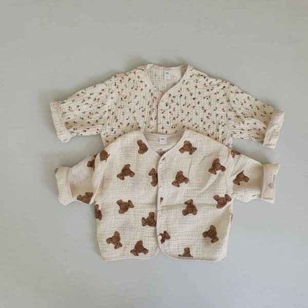 WT21015 Korean Style Bear Print Long Sleeve Jacket for Kids Thin Spring Summer Autumn Floral Knitwear Fashionable OuterwearT260401