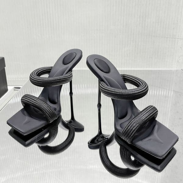 Women's Black Double Strap Square Toe Stiletto Heel Mule Sandals Summer Open Toe High Heel Slide Sandals