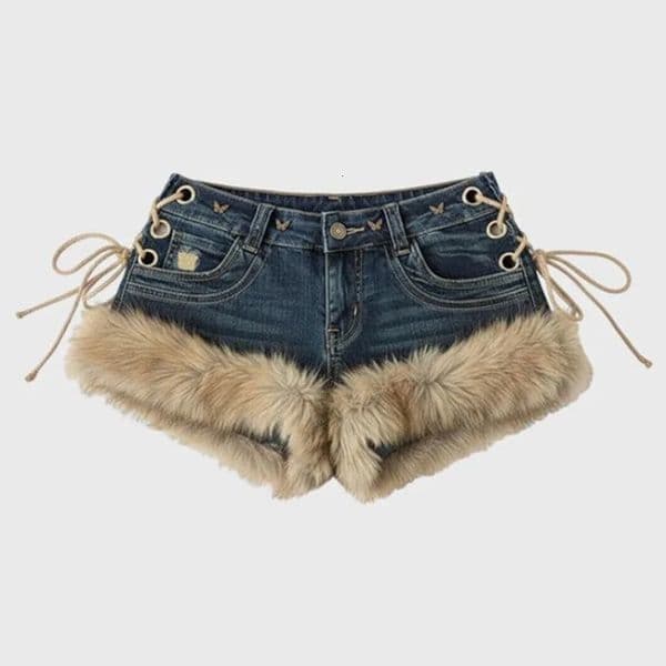 Winter Womens Retro Fluffy Splicing Jeans Shorts Y2k Low-rise Strap Slim Pants 260331BJ