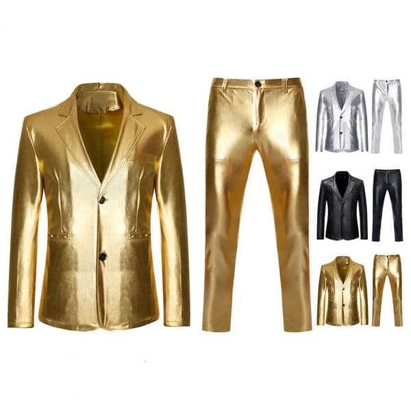 2Pcs/Set Golden Stamping Men Formal Suit Set Solid Color Lapel Long Sleeve Single Breasted Suit Jacket Long Trousers For Party 260331