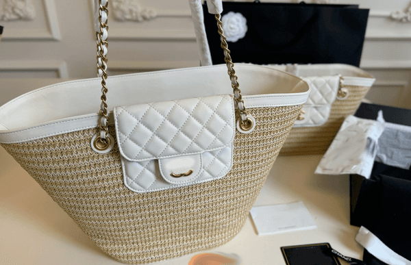 Designer Women Raffia Woven Basket Bag 26C Straw Leather Patchwork Tote Bag Chain Shoulder Handbag Summer Vacation Style big bag