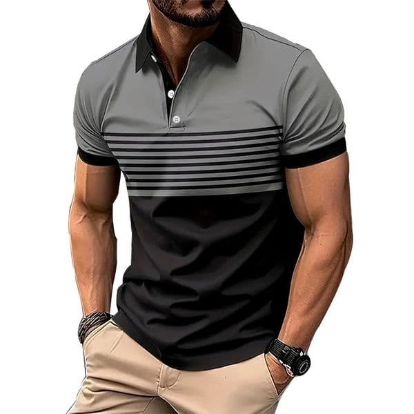 Summer Men Casual Short Sleeve Lapel Business Polo Shirt 3D Digital Print Stripe Sport Button Pullover Tops 260331