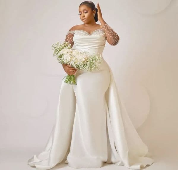 Ivory Mermaid Wedding Dresses Plus Size Beaded Crystals Detachable Train Bridal Gowns Dress SQ381