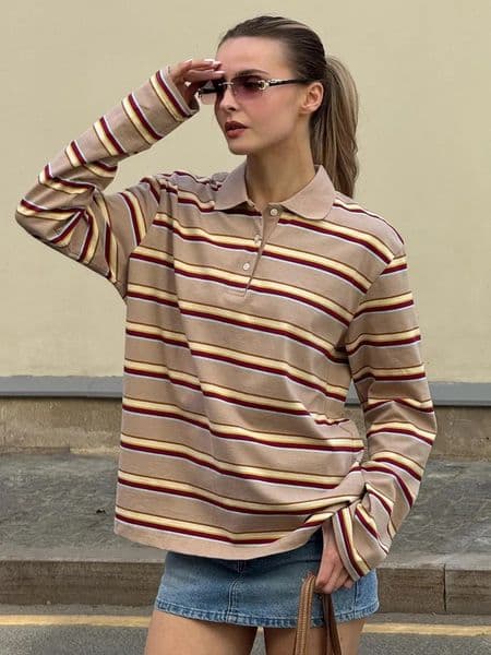 Bornladies Spring Summer Womens Retro Striped Polo Collar Oversized Long Sleeve T Shirt Trendy Casual Loose Basic Top 260331