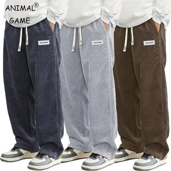 Autumn Mens Corduroy Casual Pants Fashion Loose Fit Pants Straight Sweatpants Elastic Waist Drawstring Outdoor Streetwear 260331