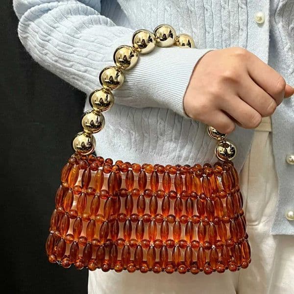 Hollow Out Amber Evening Party Bags For Women Luxury Designer Handbag And Purses 2026 New In Fashion Handmade Beads Shoulder