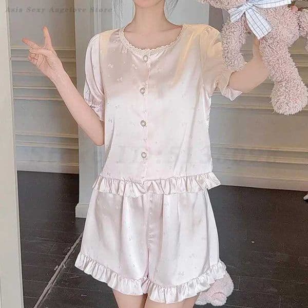 Female Pink 2PCS Pajamas Set Short Sleeve Shorts Loungewear Sexy Jacquard Bow Sleepwear Pijamas Suit Loose Satin Home Clothes