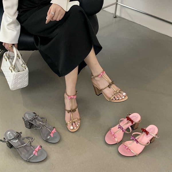 Excluding taxFairy-style RC rhinestone bow strap open-toe chunky heel sandals for women gentle high heels Q260402