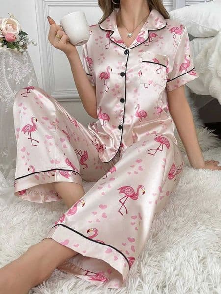 Women Pajamas Silk-Like Flamingo Heart Print Collared Pajama Set Sexy Sleepwear Pjamas for Women Silk Pajamas Pijamas Women