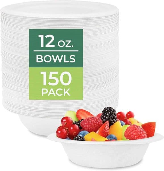12 oz Biodegradable Sugarcane Fiber Soup Bowls 150-Pack - Microwave Freezer Safe Stackable for Hot Food X260402
