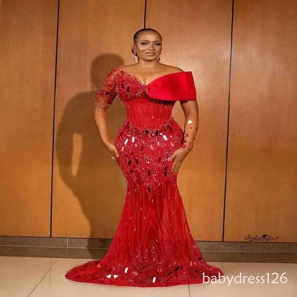 Aso Ebi Red Prom Dresses Gorgeous Off Shoulder Beaded Sheer Long Sleeves Plus Size Evening Gowns See Through Mermaid Party Dress ZD19
