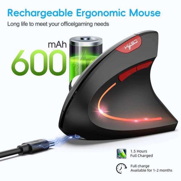Hot sale New HXSJ dual mode vertical ergonomic ABS 600mAh rechargeable 2400DPI Type-c interface wireless mouse for laptop