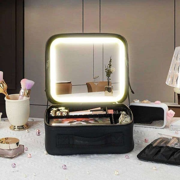 FRR 3 Color Train Mirror, White Portable Makeup Waterproof Organizer with Adjustable Dividers, Cosmetics Storage Case Gift 26W0402