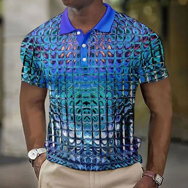Fashion MenS Polo Shirts 3d Simulation Metal Plaid Printed MenS Clothing Summer Casual Short Sleeved Street Tops Tees 260401BJ