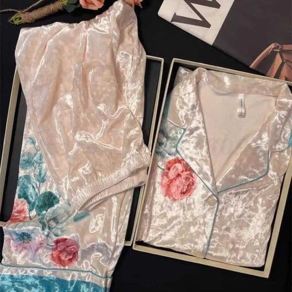 Velvet Female 2Pcs Pajamas Set Loungewear Elegant Print Flower Trouser Pijamas Suit Autumn Winter New Sleepwear Home Clothes