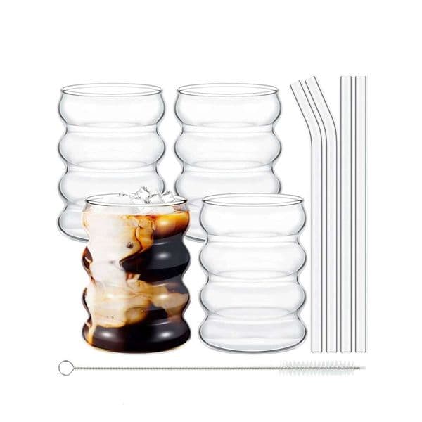 Leeseph 4Pcs Creative Glass Coffee Mug Vintage Drinking Glasses Ribbed Glassware Aesthetic Cups with Straws Set