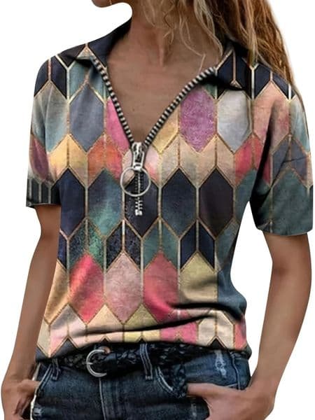 Versatile AllSeason Womens Polo Shirt EasyCareStretch Comfort with Stylish Zip and Geometric n for Everyday Casual Wea 260331BANJIA