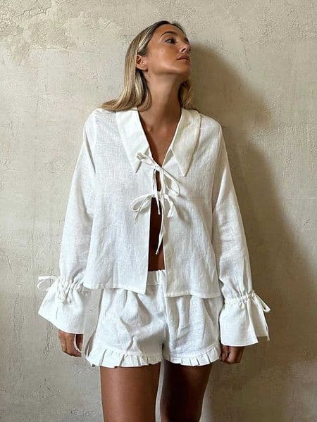 Marthaqiqi Casual WomenS Nightwear Suit Long Sleeve Pajamas Turn-Down Collar Sleepwear Lace Up Pijama Shorts Ladies Pyjamas Set