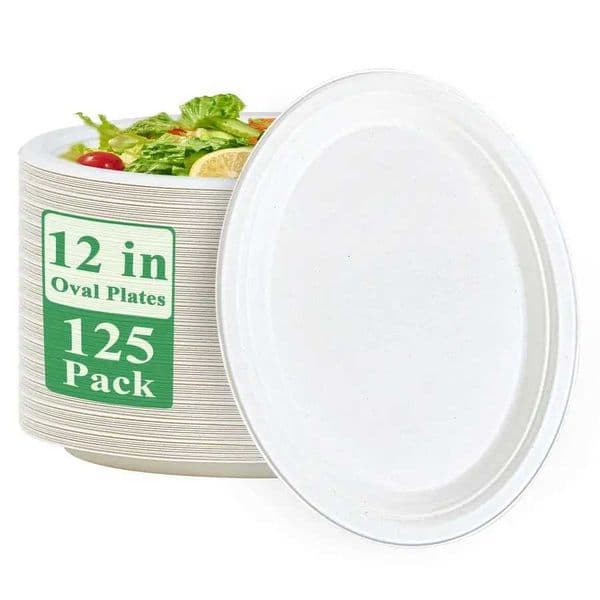 100 Compostable Oval Paper Plates 12 inch 125 Pack Super Strong Disposable Paper Plates Bagasse Natural Biodegradable EcoFriendl X260402
