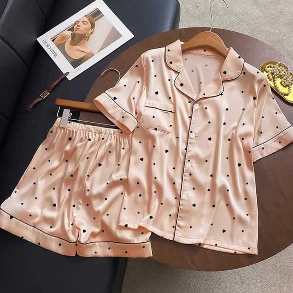 New Arrival Summer Pajamas Sweet Sophisticated Heart Print Ice Silk Nightwear Set for Women - Short Sleeve Casual Loungewear