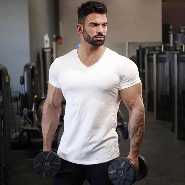 Plain Cotton Gym T-shirt Men Summer Fitness Clothing V-Neck Short Sleeve T shirt Slim Fit Tshirt Bodybuilding Workout Tees Tops 260401BJ