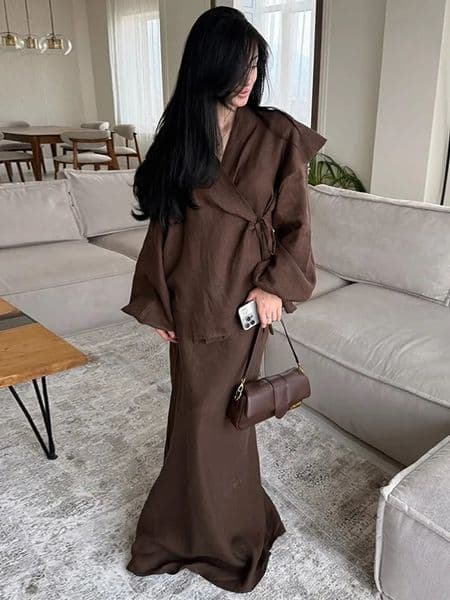 Elegant Womens Lace Up Shirts Skirts Suit Long Sleeve Loose Solid Lady Sets Summer Fashion 2 Pieces Set Women Vacation 260402BJ