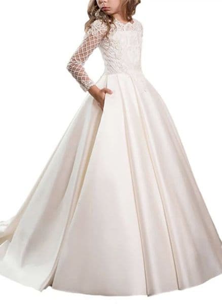 Princess White Lace Flower Girl Long Sleeves First Communion Gowns Birthday Party Dresses with Buttons Pageant Gown