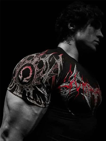 GYM T-shirt Mens Dark Gothic Print Muscle Tee High Elasticity And Quick Drying Exercise For Bodybuilding Training 2026 Summer 260402
